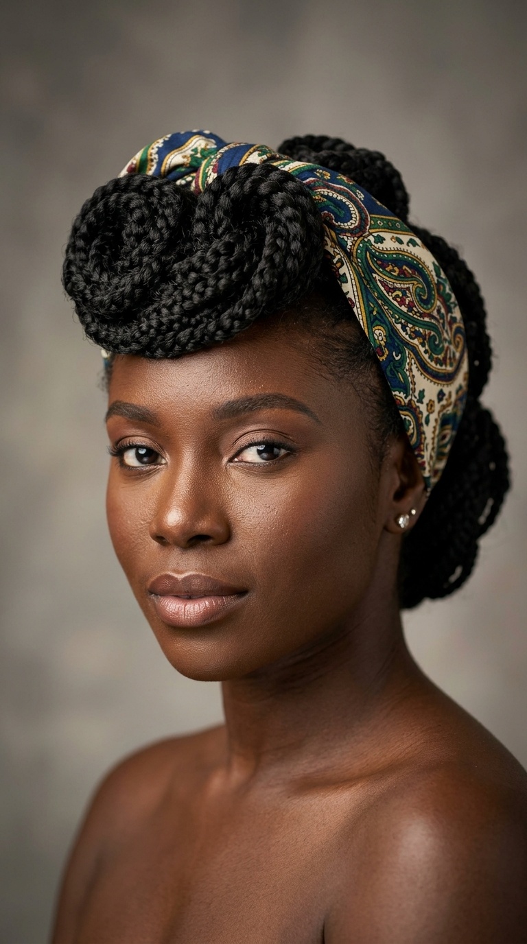 Braided Victory Rolls with Patterned Cotton Bandana