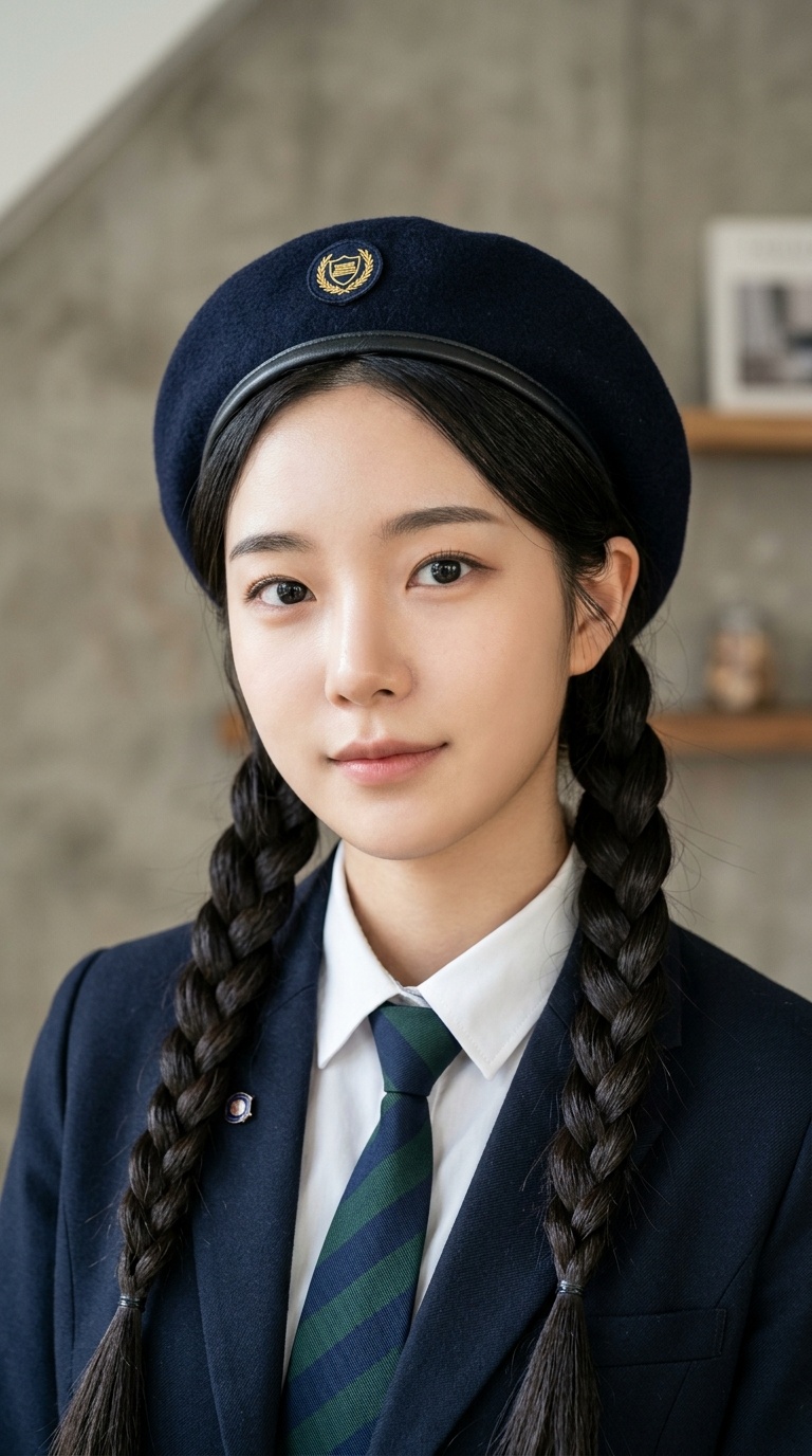 Braids with a Beret or School Cap