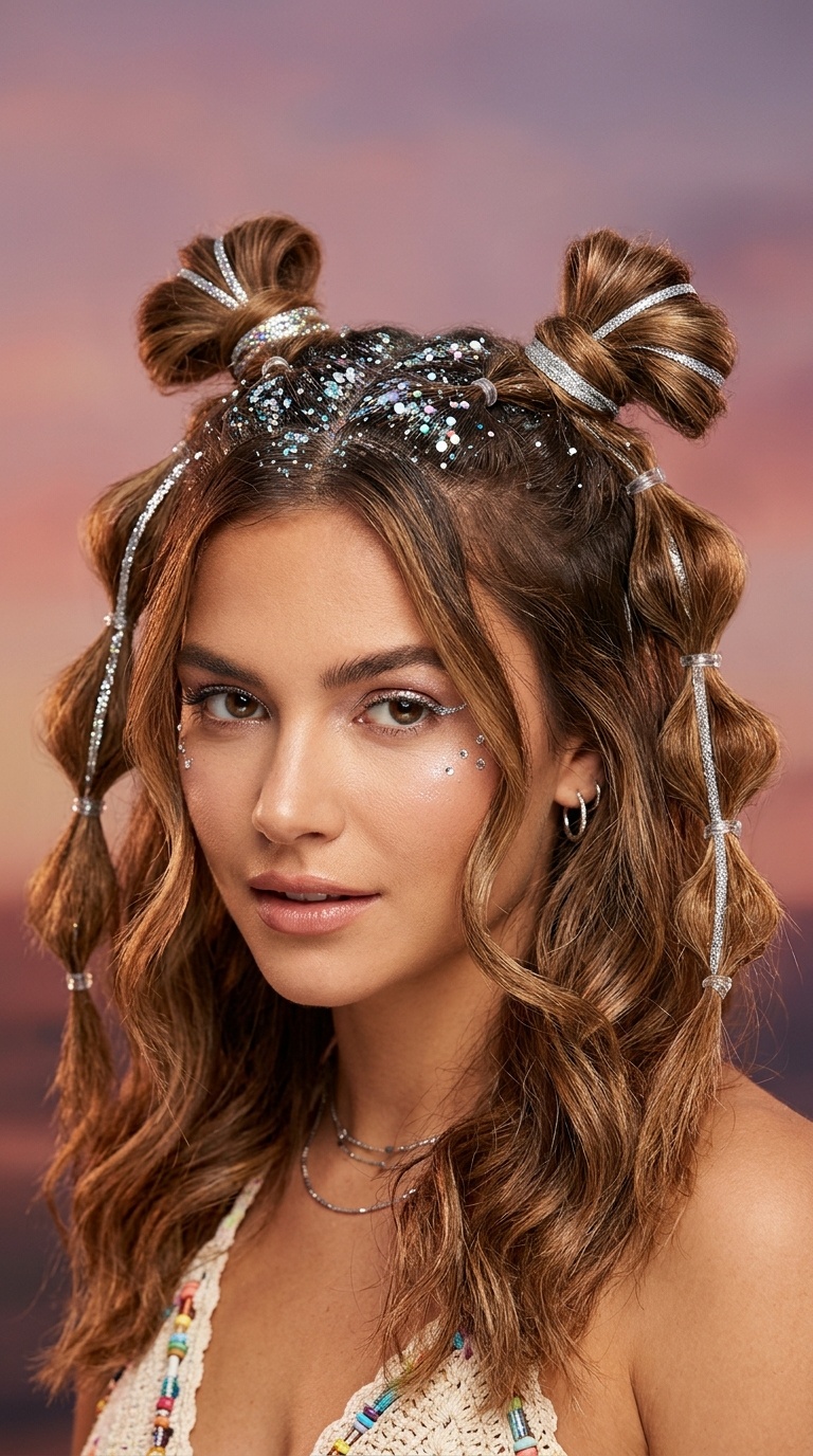 Bubble Braid Space Buns with Glitter Banding