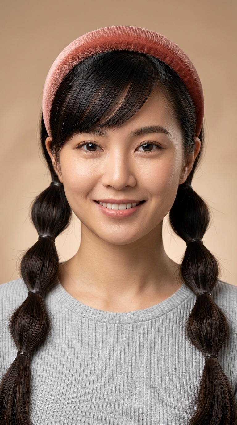 Bubble Pigtails with Side-Swept Bangs and Padded Headband