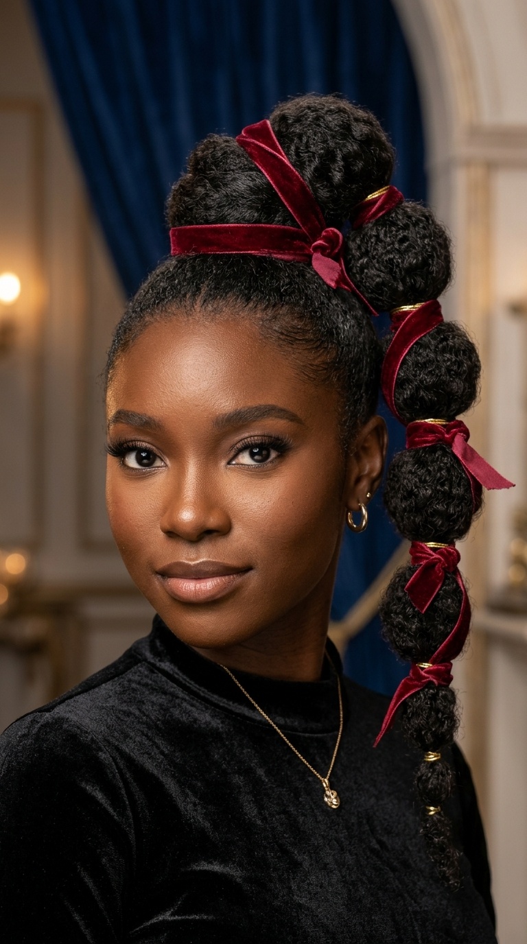 Bubble Ponytail Updo with Velvet Ribbons