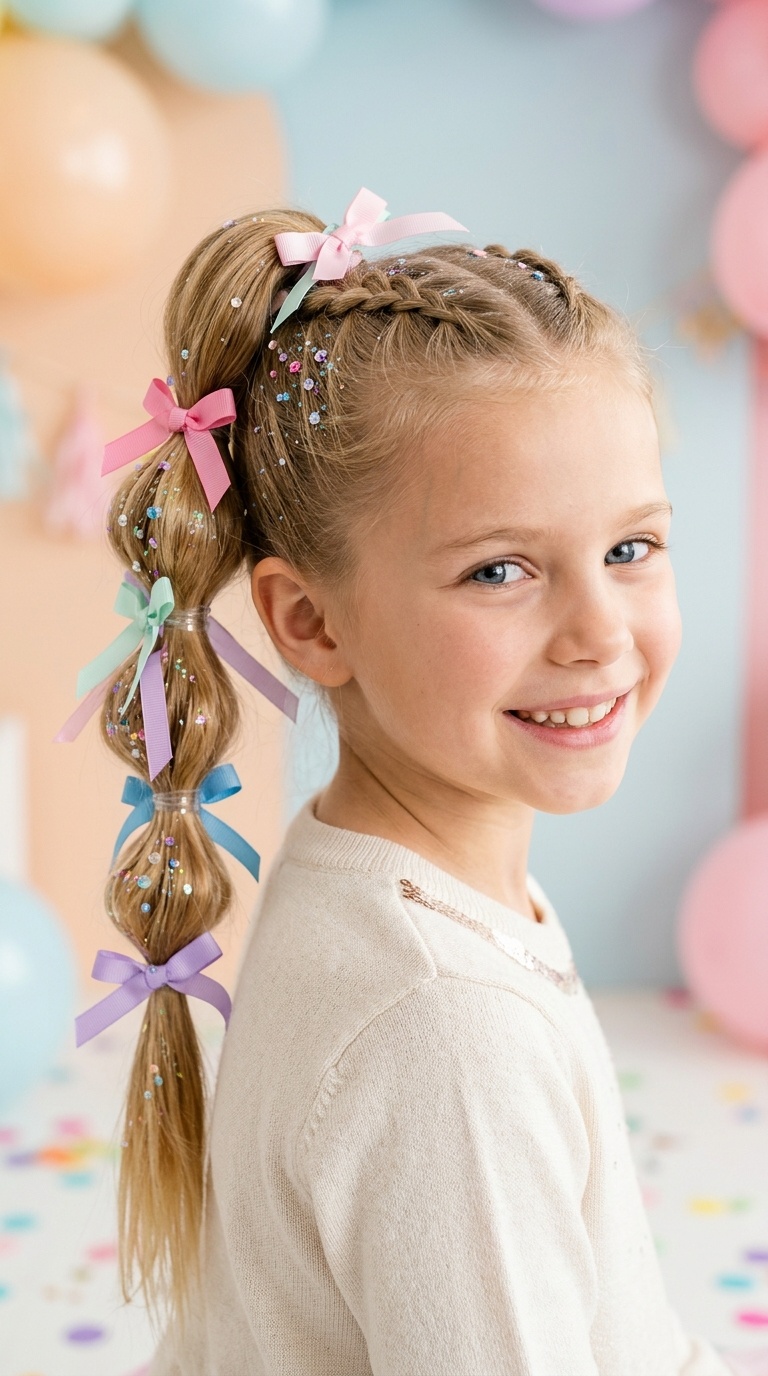 Bubble Ponytails with Pastel Ribbons and Sequins
