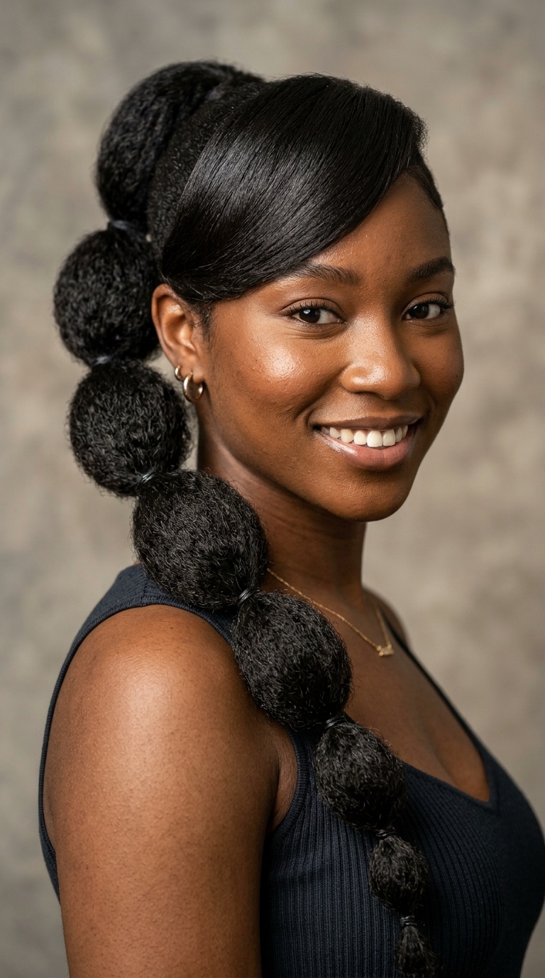 Bubble Side Ponytail with Retro Bang