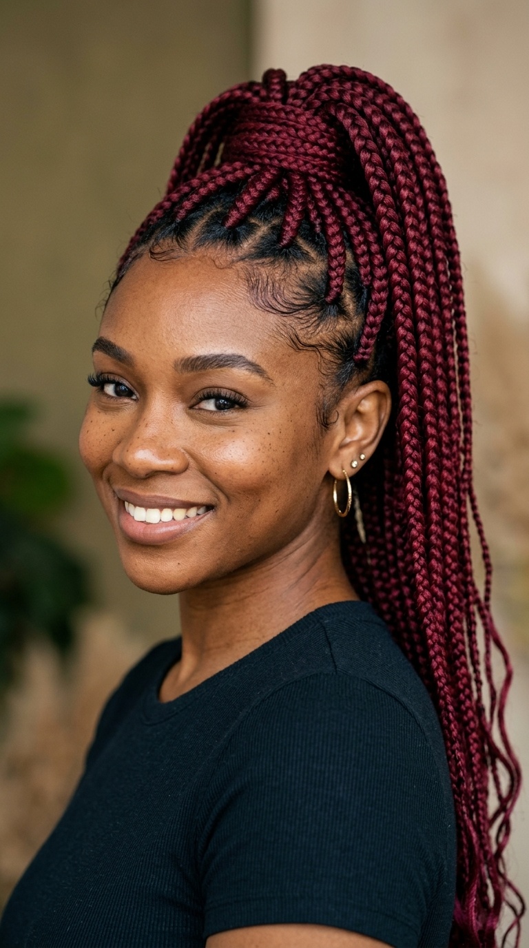Burgundy Braided High Ponytail