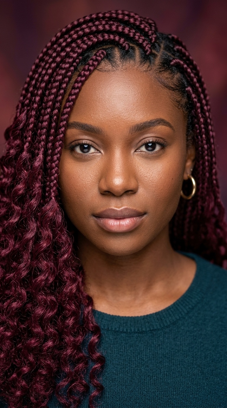 Burgundy Goddess Braids with Curly Ends