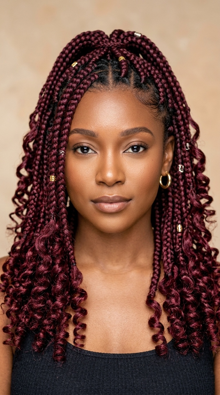 Burgundy Goddess Braids with Spiral Curls