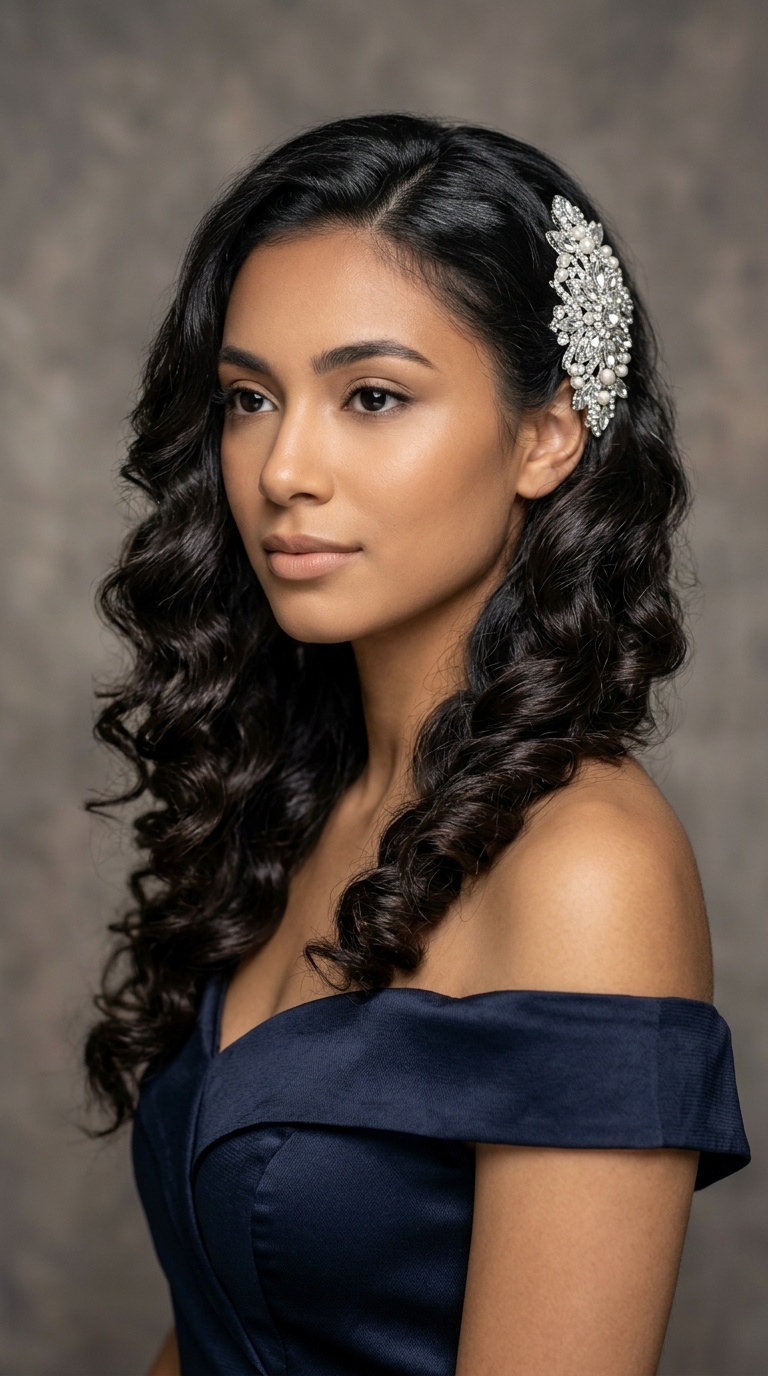 Cascade Curls with Jeweled Clip