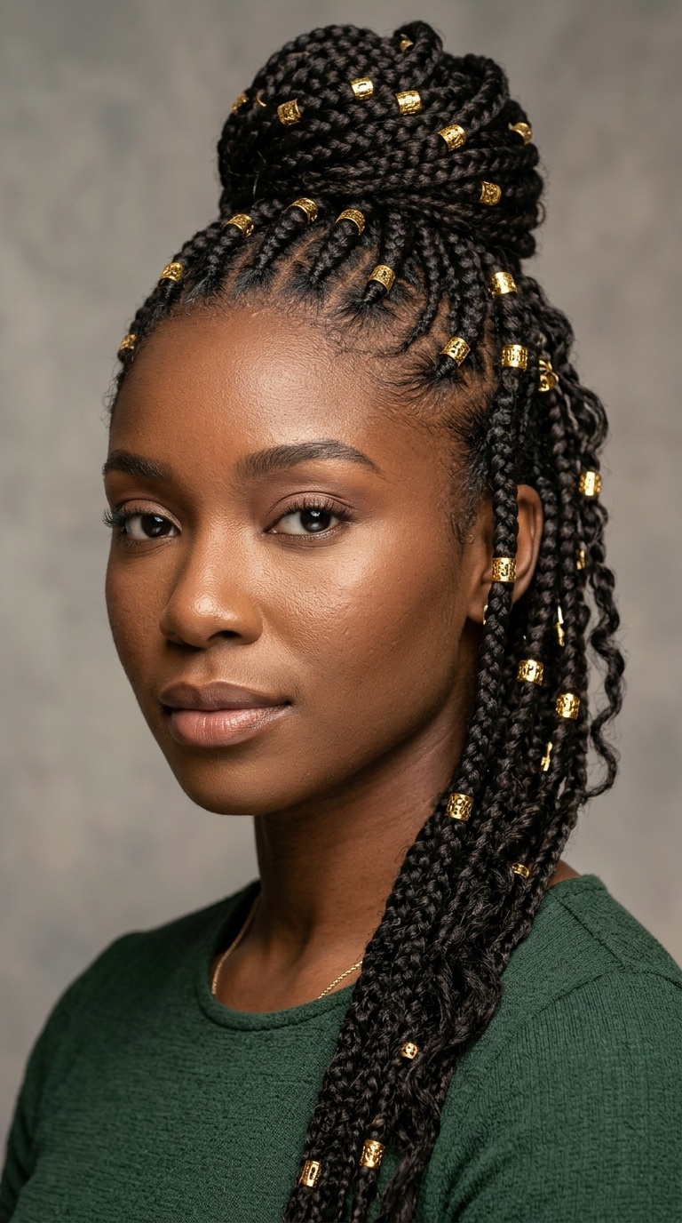 Cascading Cornrow Updo with Gold Cuffs