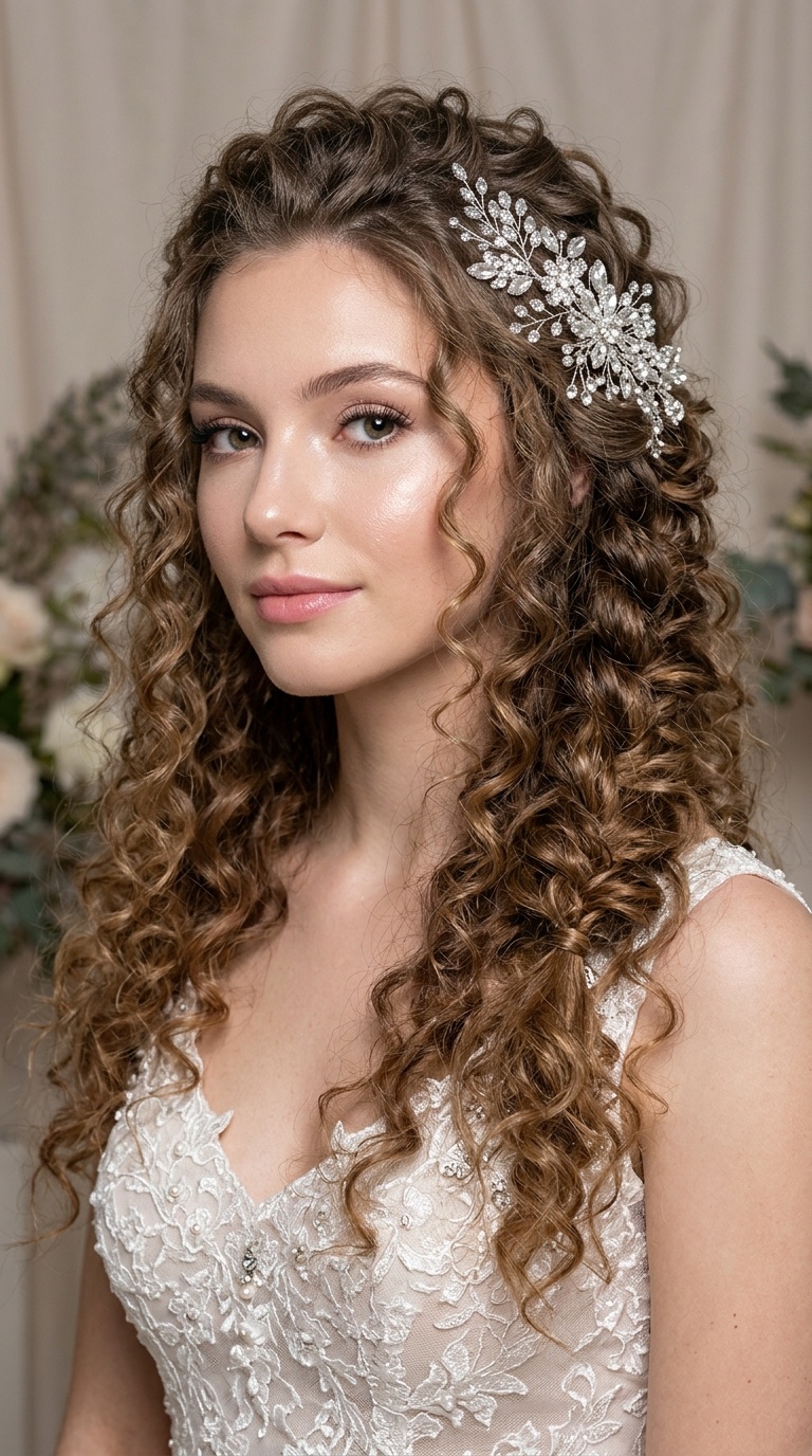 Cascading Curls with Sparkly Hairpiece