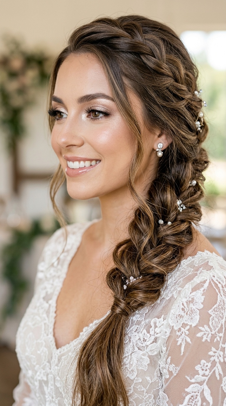 Cascading Side Braid and Shimmery Champagne Eyes