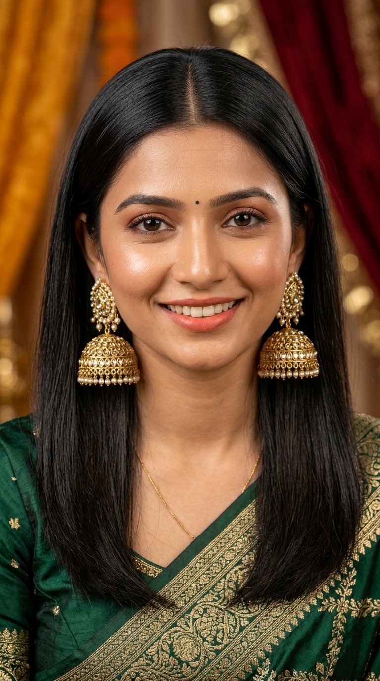 Center-Parted Straight Hair with Heavy Jhumkas