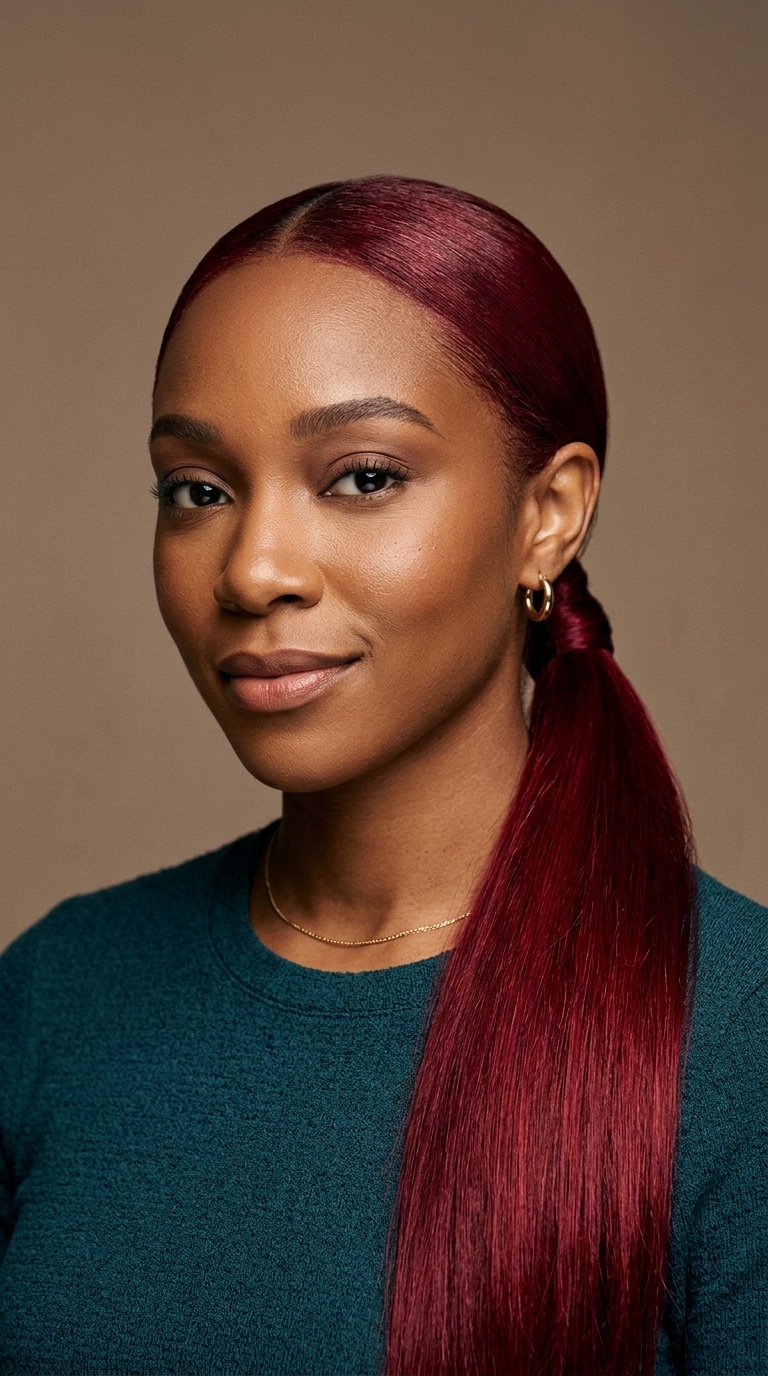 Cherry Red Sleek Low Ponytail