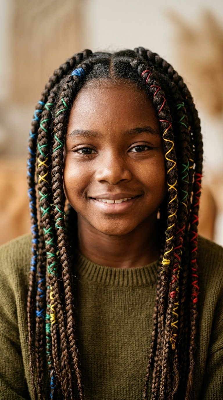 Chunky Box Braids with Colorful Wraps