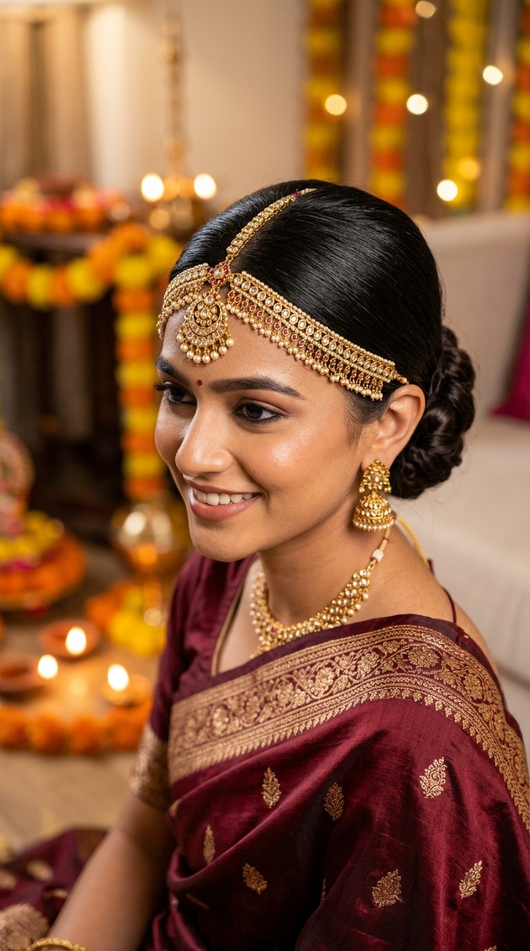 Classic Center-Parted Low Bun with Matha Patti