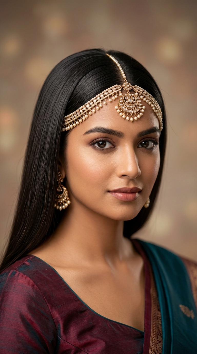 Classic Center-Parted Straight Hair with Matha Patti