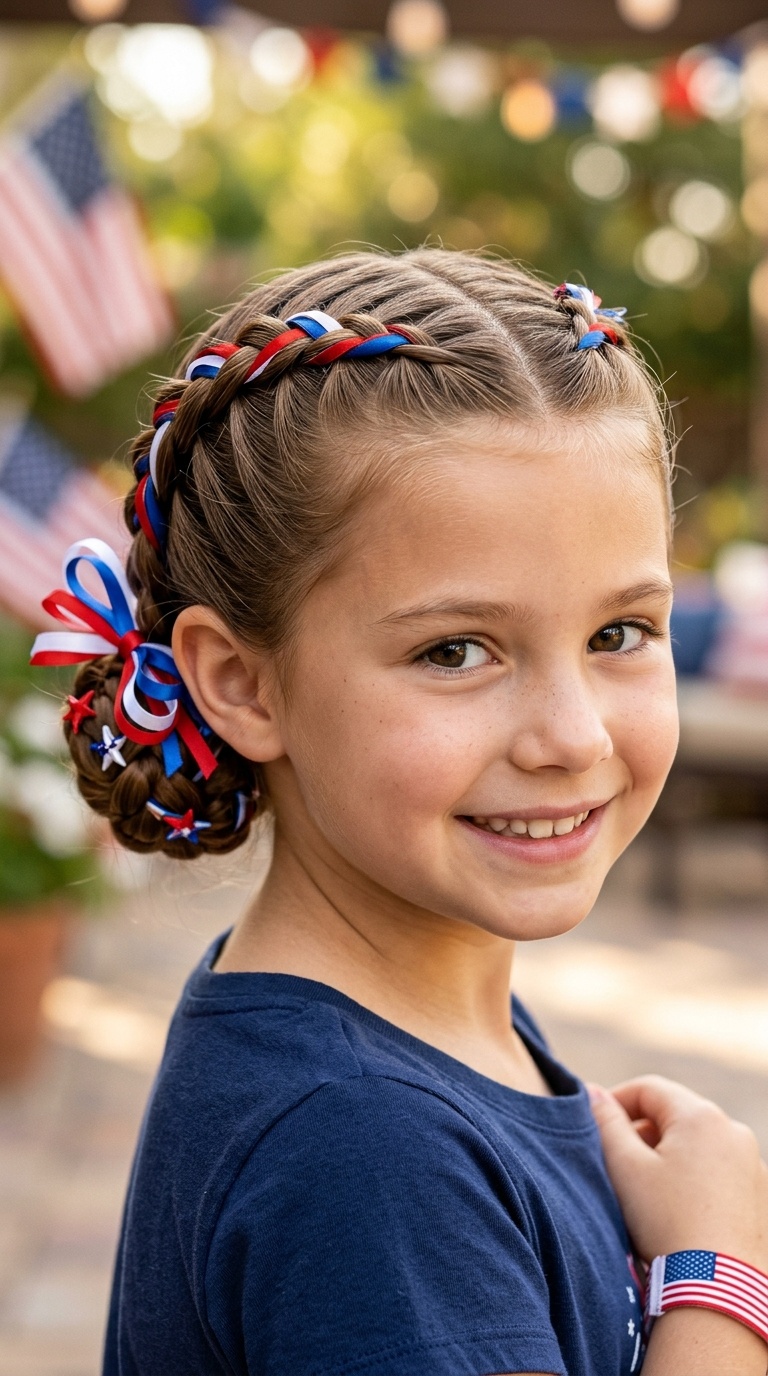 Classic French Braids with Red, White, and Blue Ribbons