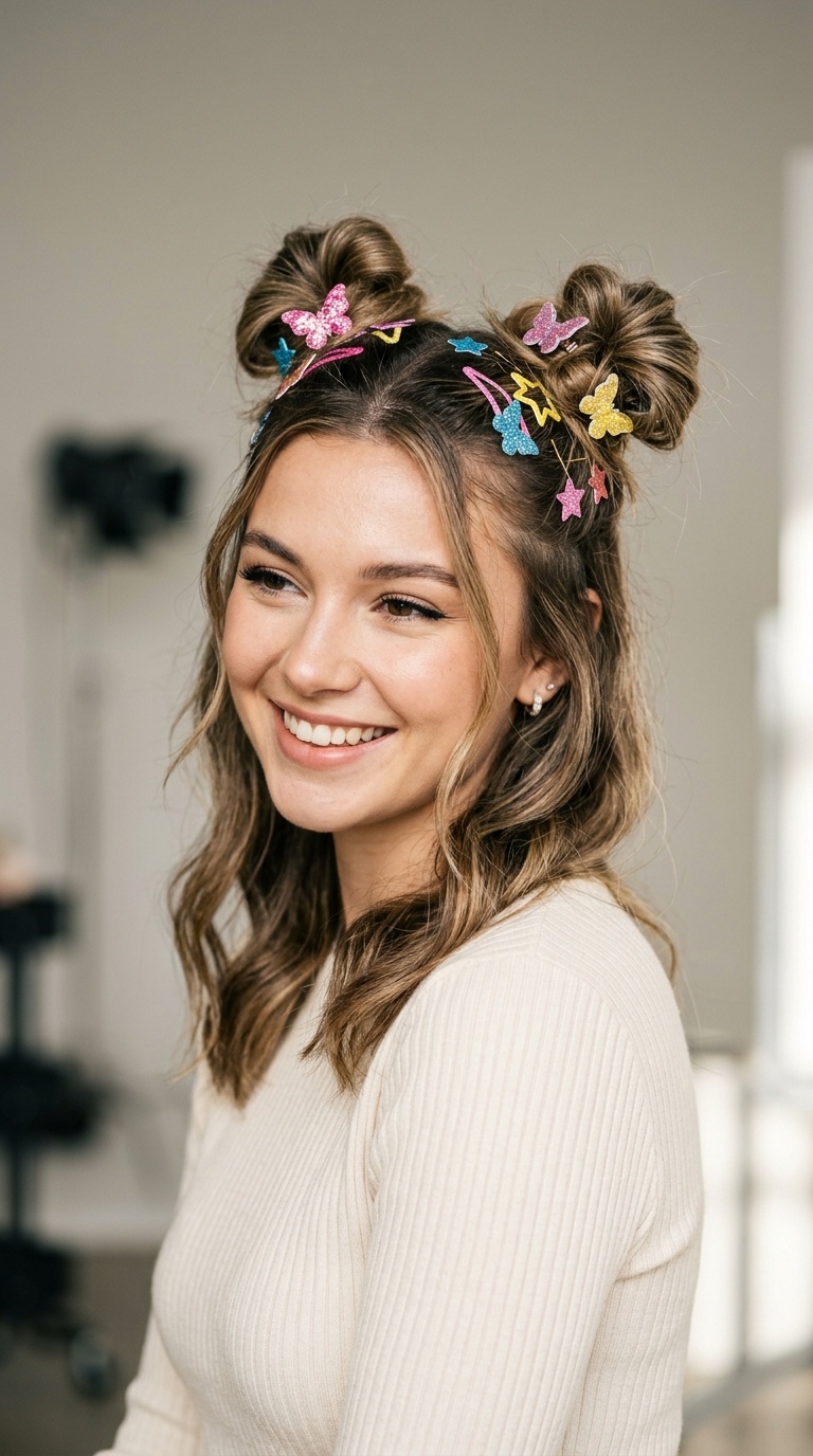 Classic Half-Up Space Buns with Glitter Clips