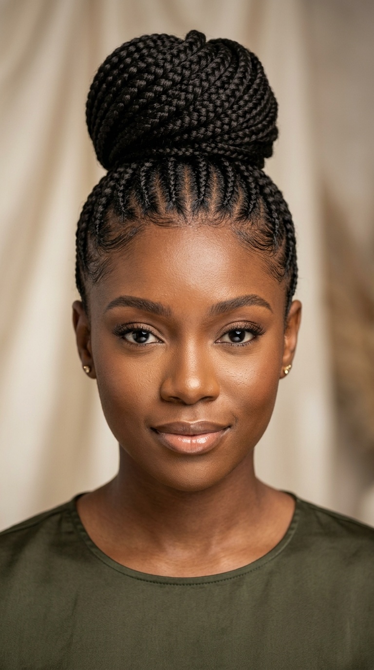 Classic High Bun with Thin Cornrows