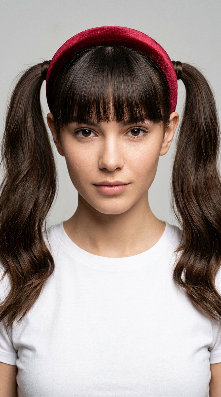 Classic High Pigtails with Blunt Bangs and Velvet Headband