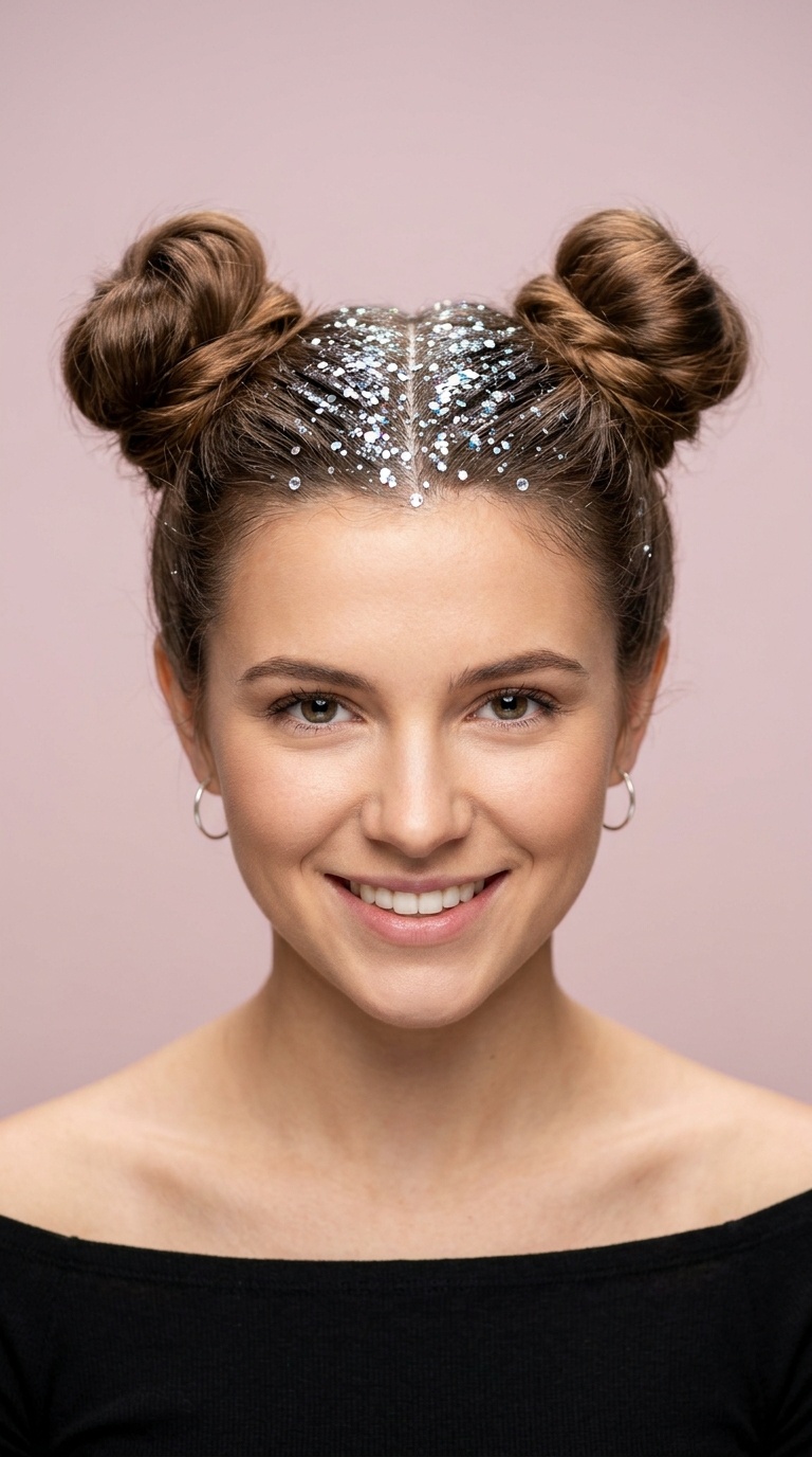Classic High Space Buns with Root Glitter