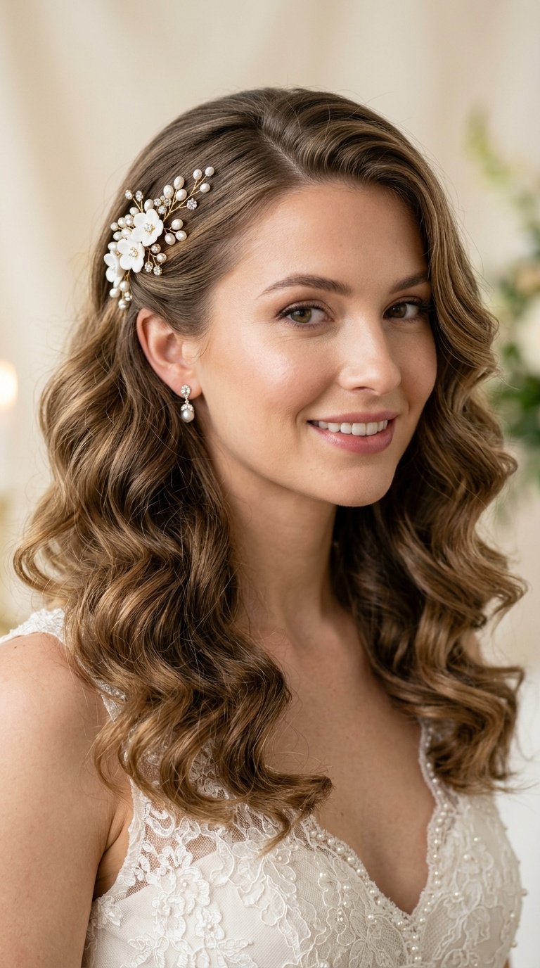Classic Loose Curls with Floral Pin