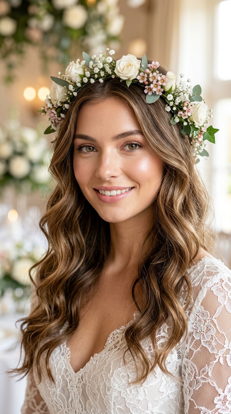 Classic Loose Waves with Floral Crown