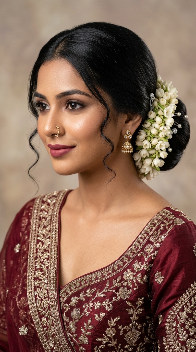 Classic Low Bun with Fresh Jasmine Gajra