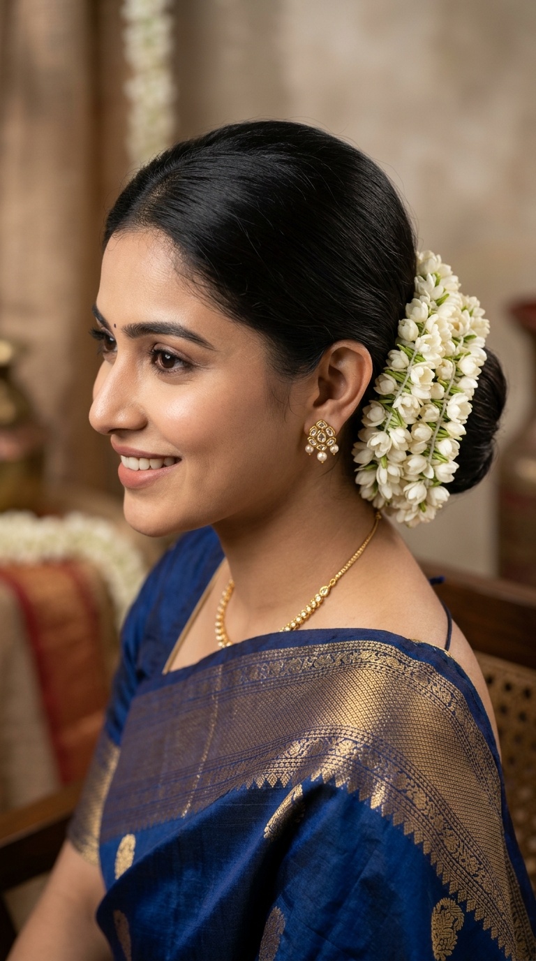 Classic Low Bun with Full Gajra Wrap