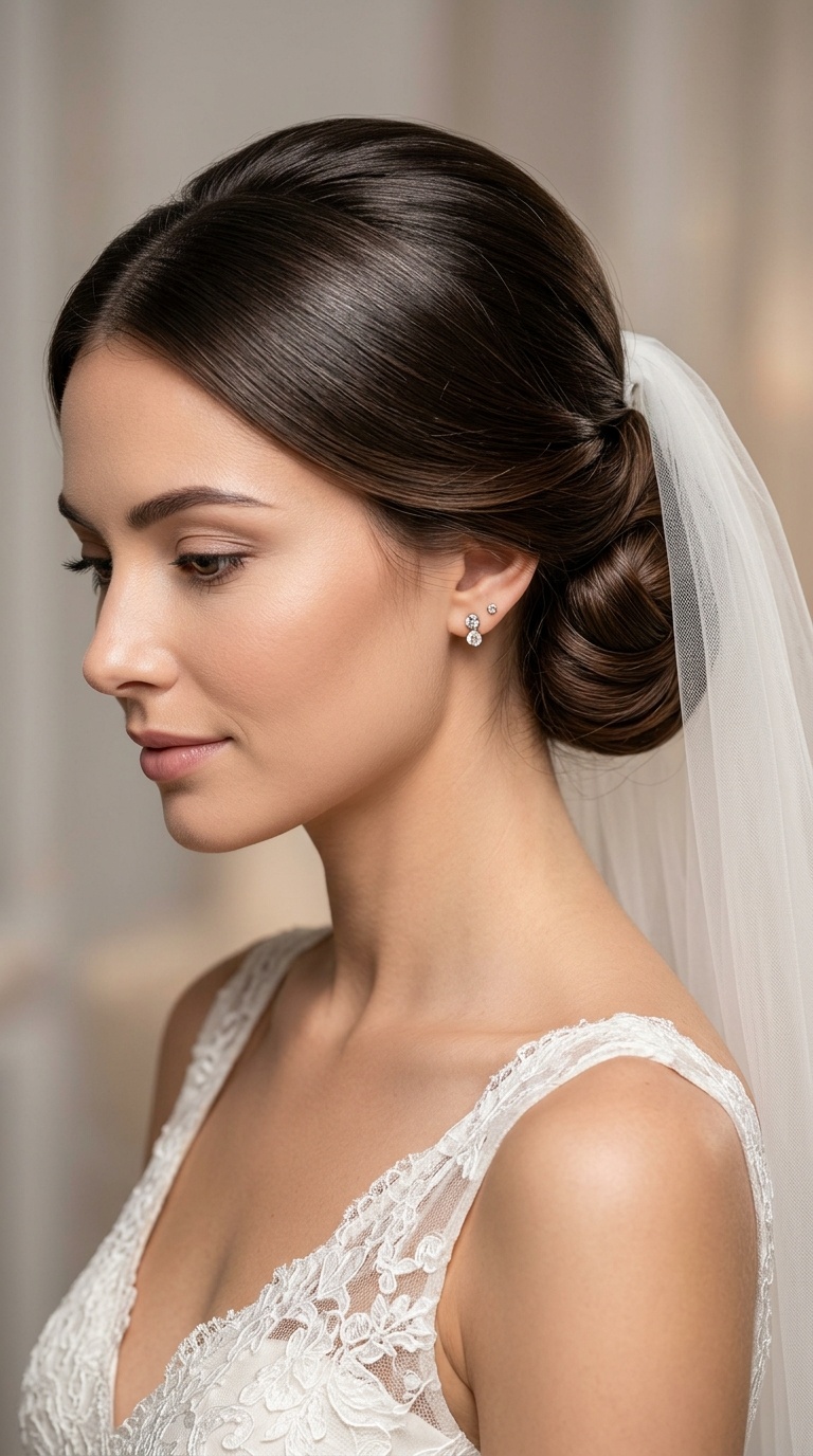 Classic Low Bun with Top-Tucked Veil