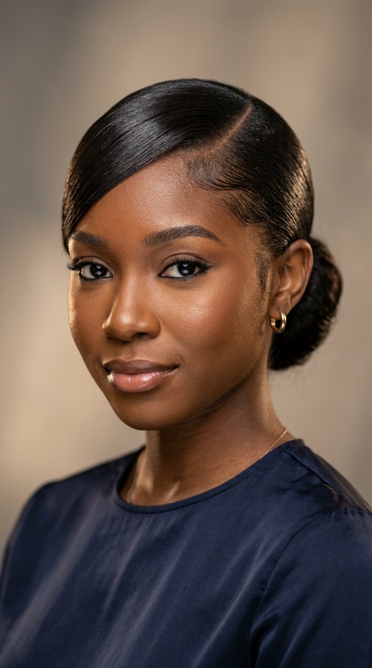 Classic Low Sleek Bun with Deep Side Part