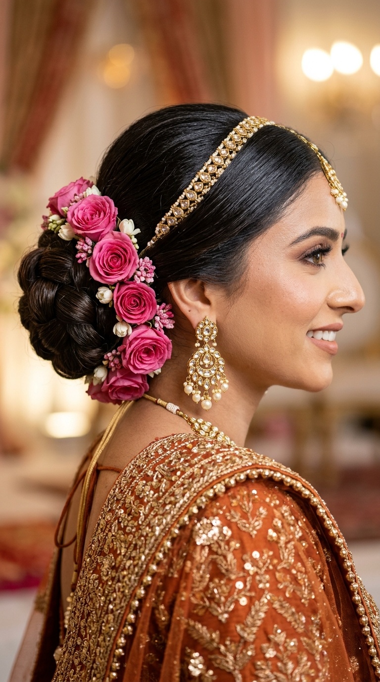 Classic Rose-Adorned Low Bun