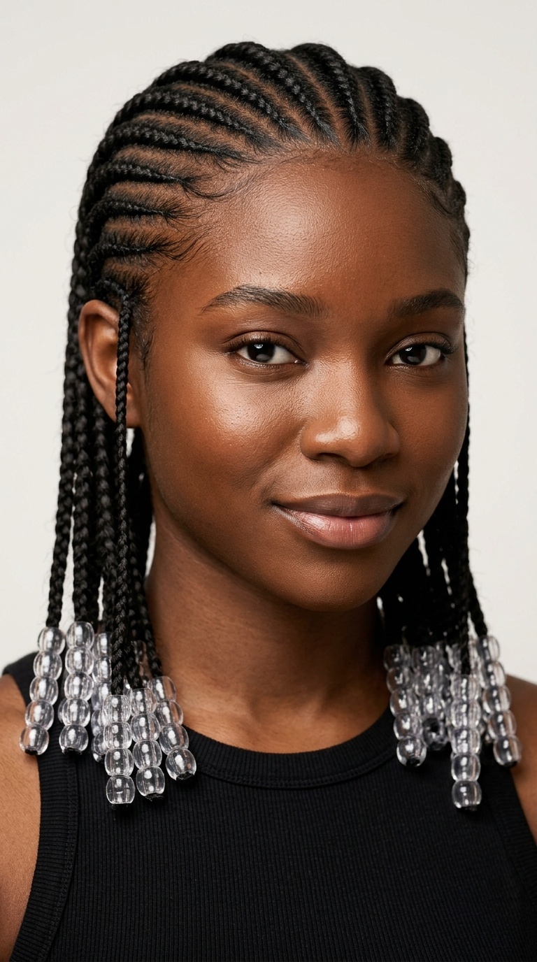 Classic Straight-Back Cornrows with Clear Beads