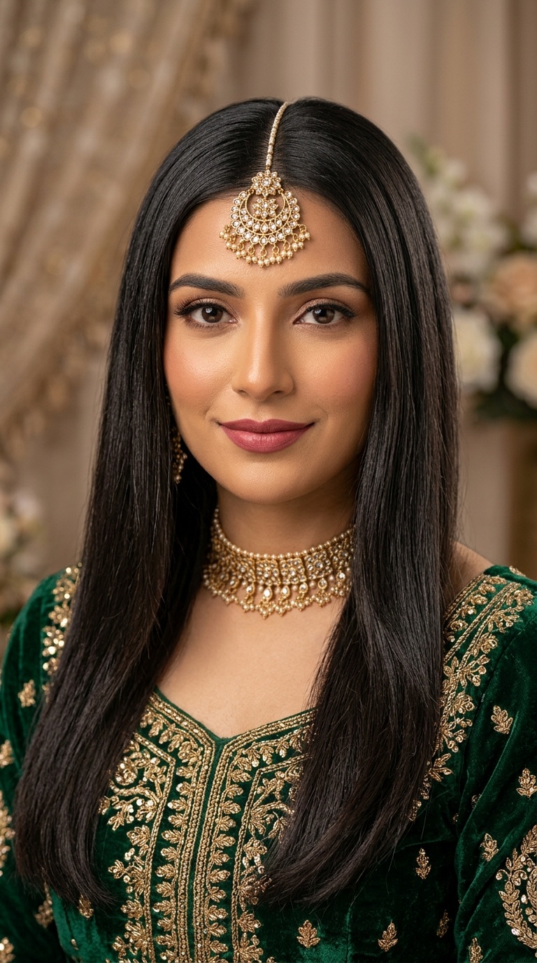 Classic Straight Hair with Center Parting & Maang Tikka