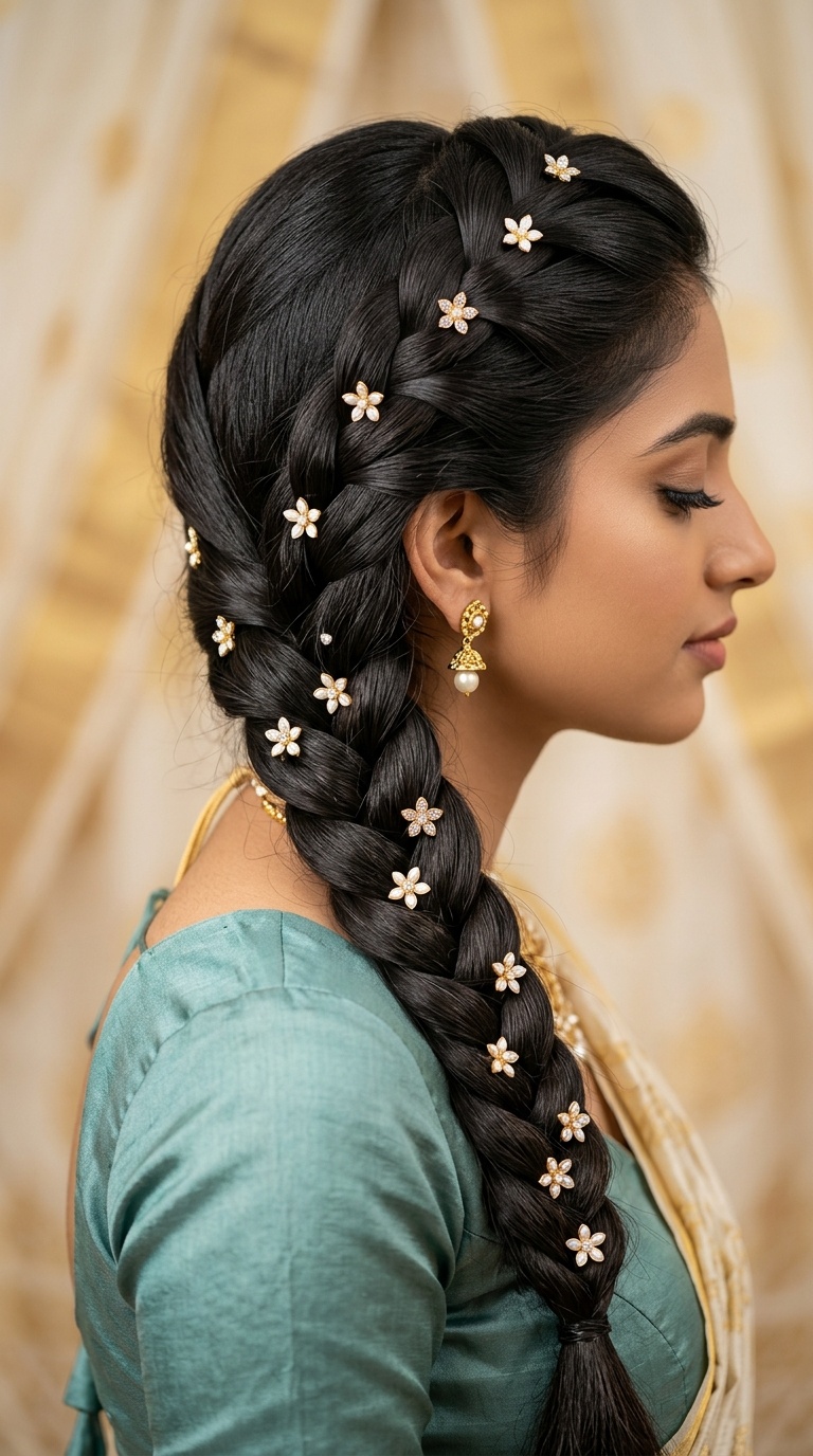 Classic Three-Strand Braid with Scattered Floral Studs
