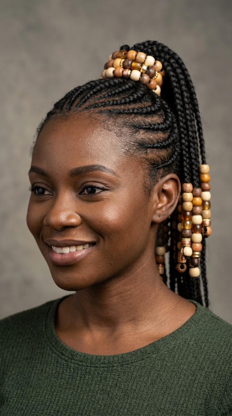 Cornrow Ponytail with Stacked Beads