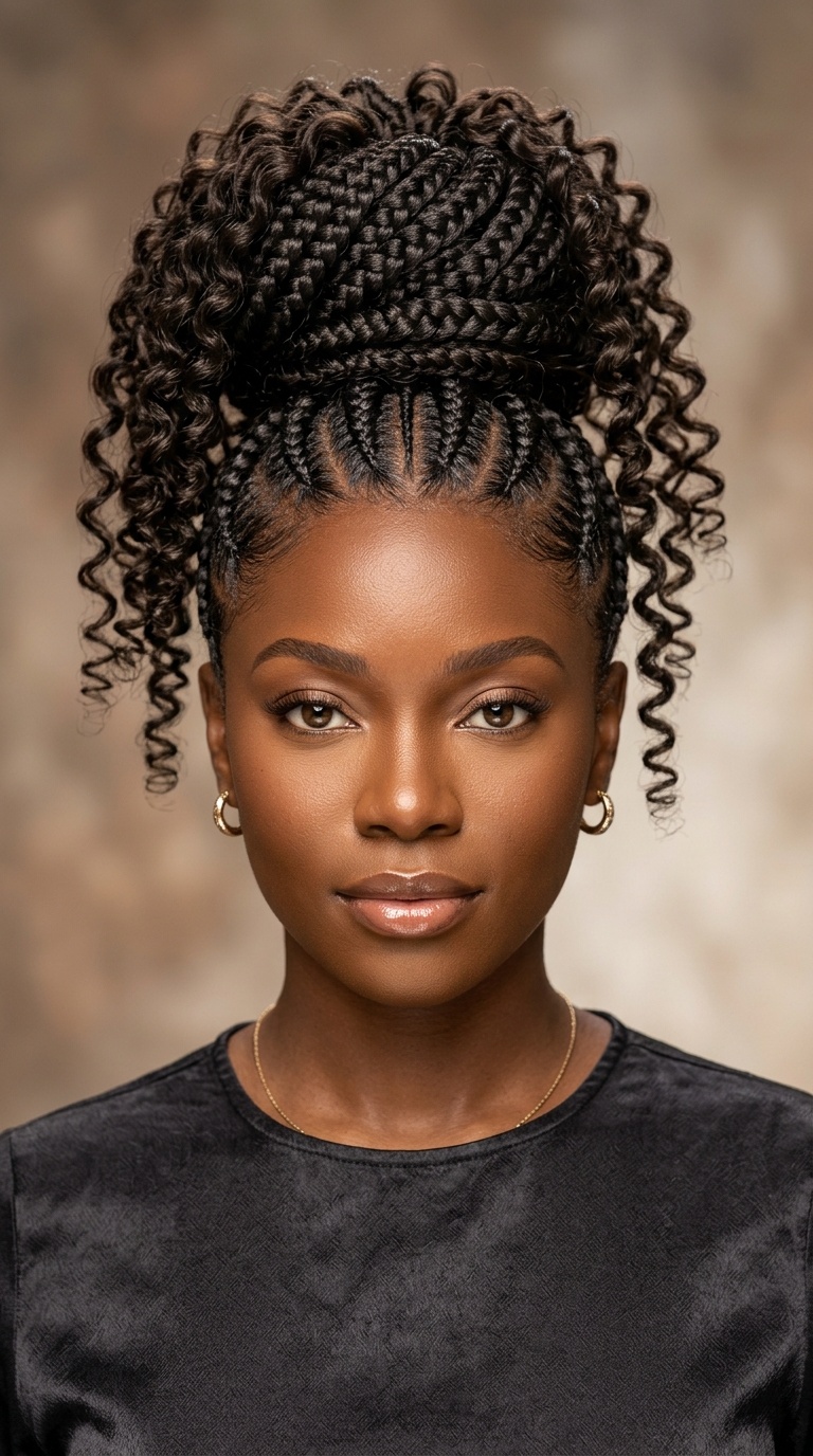 Cornrowed High Bun with Curled Ends