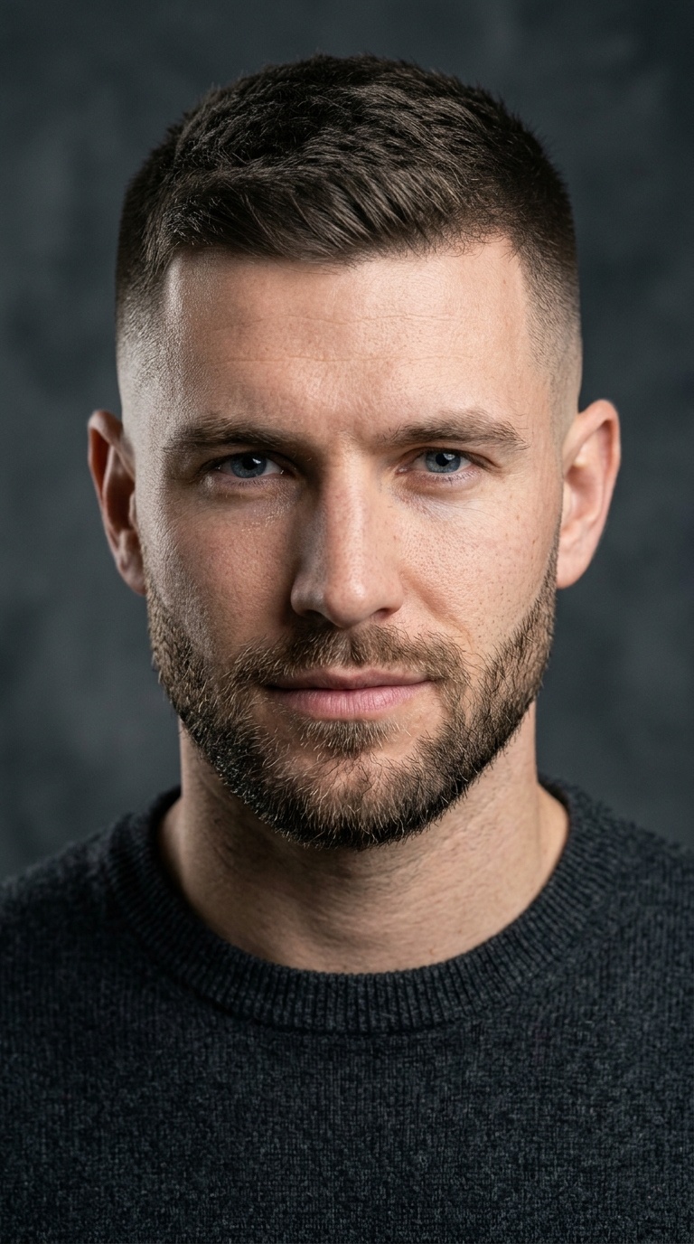 Crew Cut with Mid Skin Fade and Short Boxed Beard