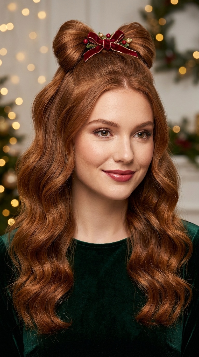 Crimson Bow Half-Up Waves