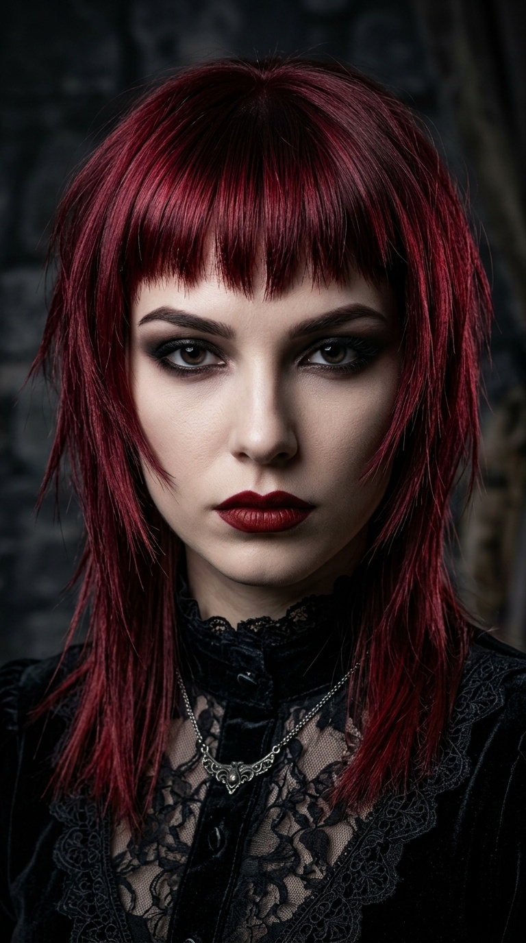 Crimson Micro-Bangs with Razored Layers
