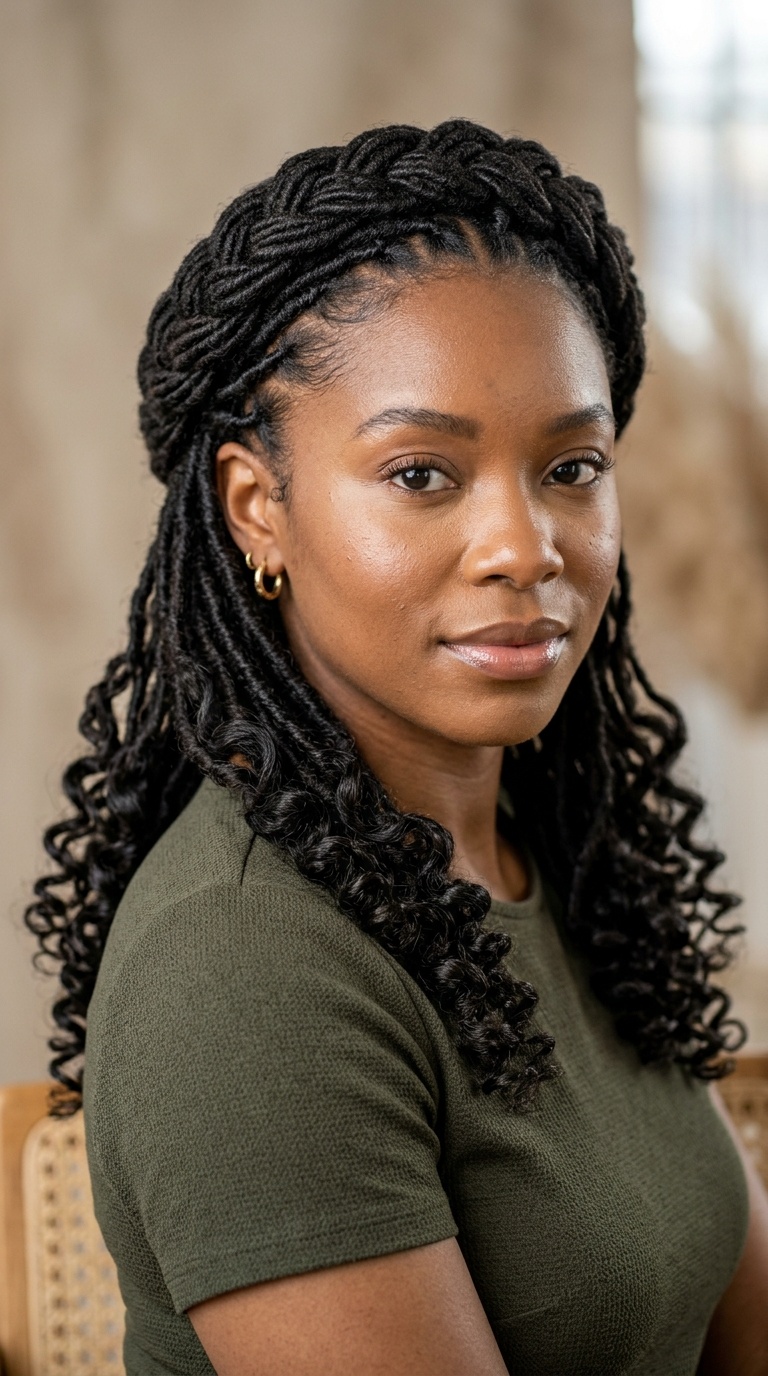 Crown Braid with Curly Loc Ends