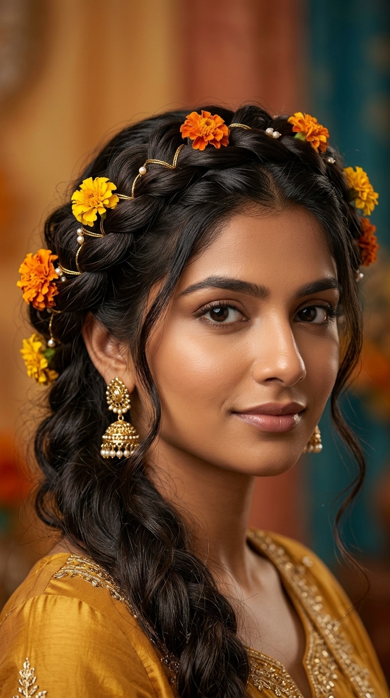 Crown Braid with Fresh Marigolds