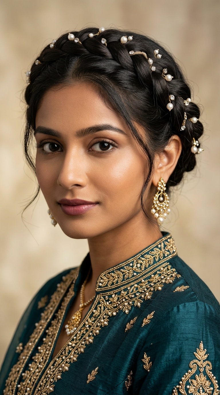Crown Braid with Pearl Accents