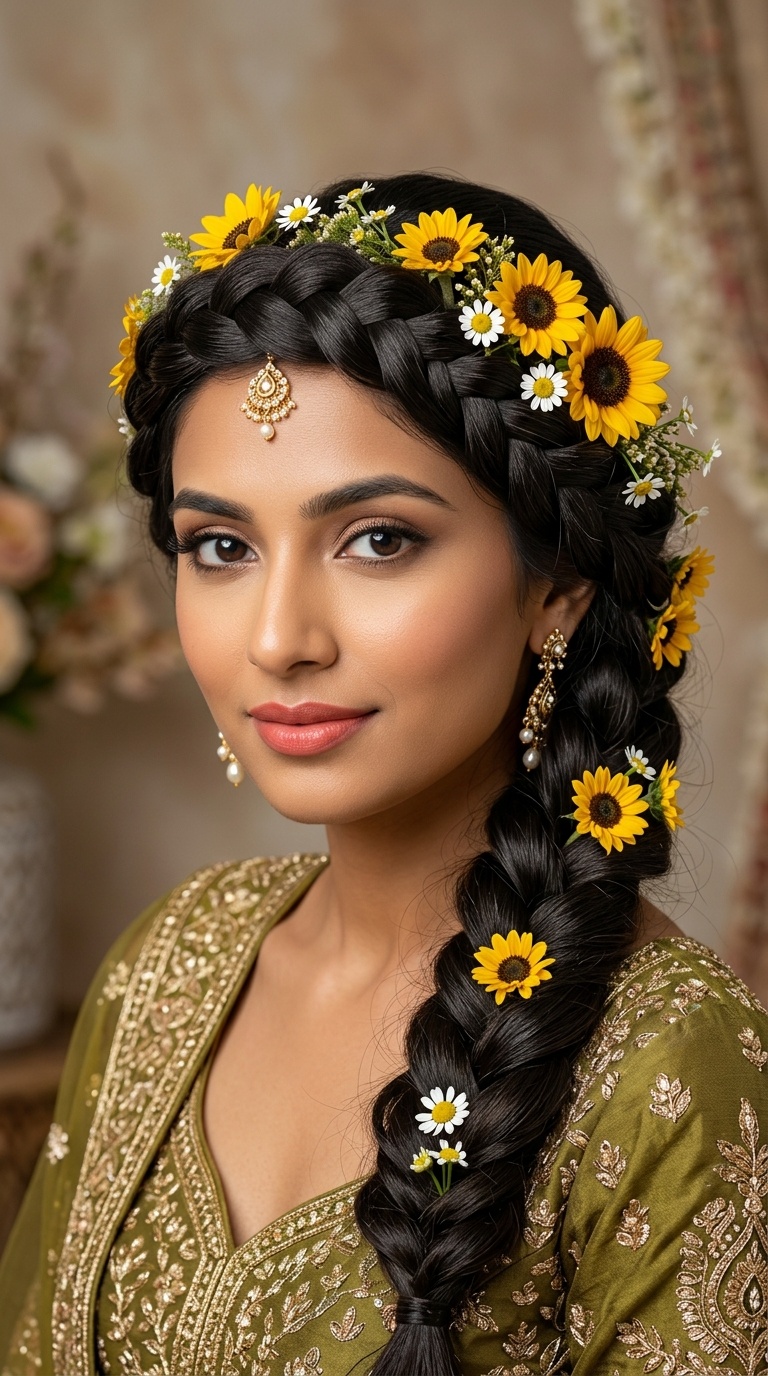 Crown Braid with Sunflowers