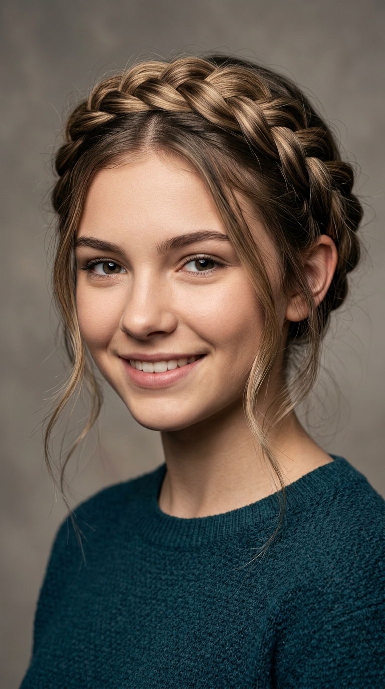 Crown Braid with Wispy Layered Tendrils