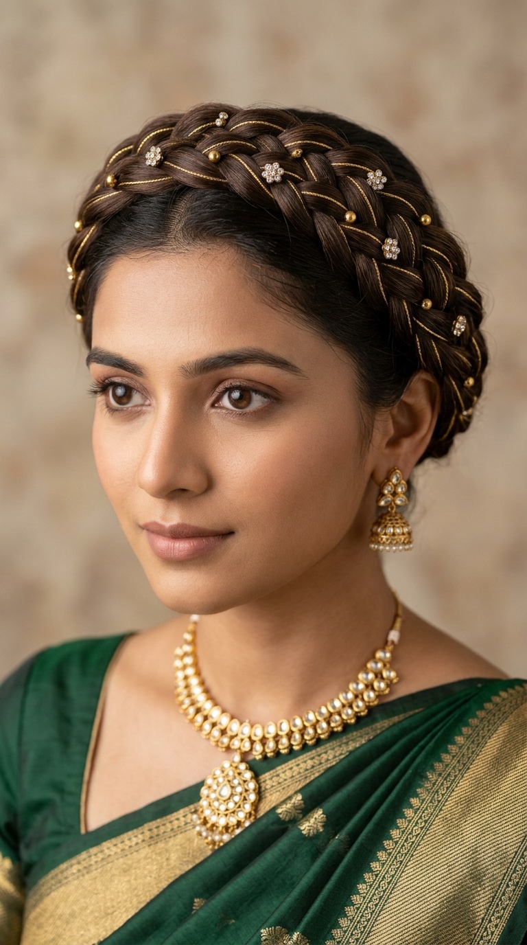 Crown Braid with Zari Thread Details