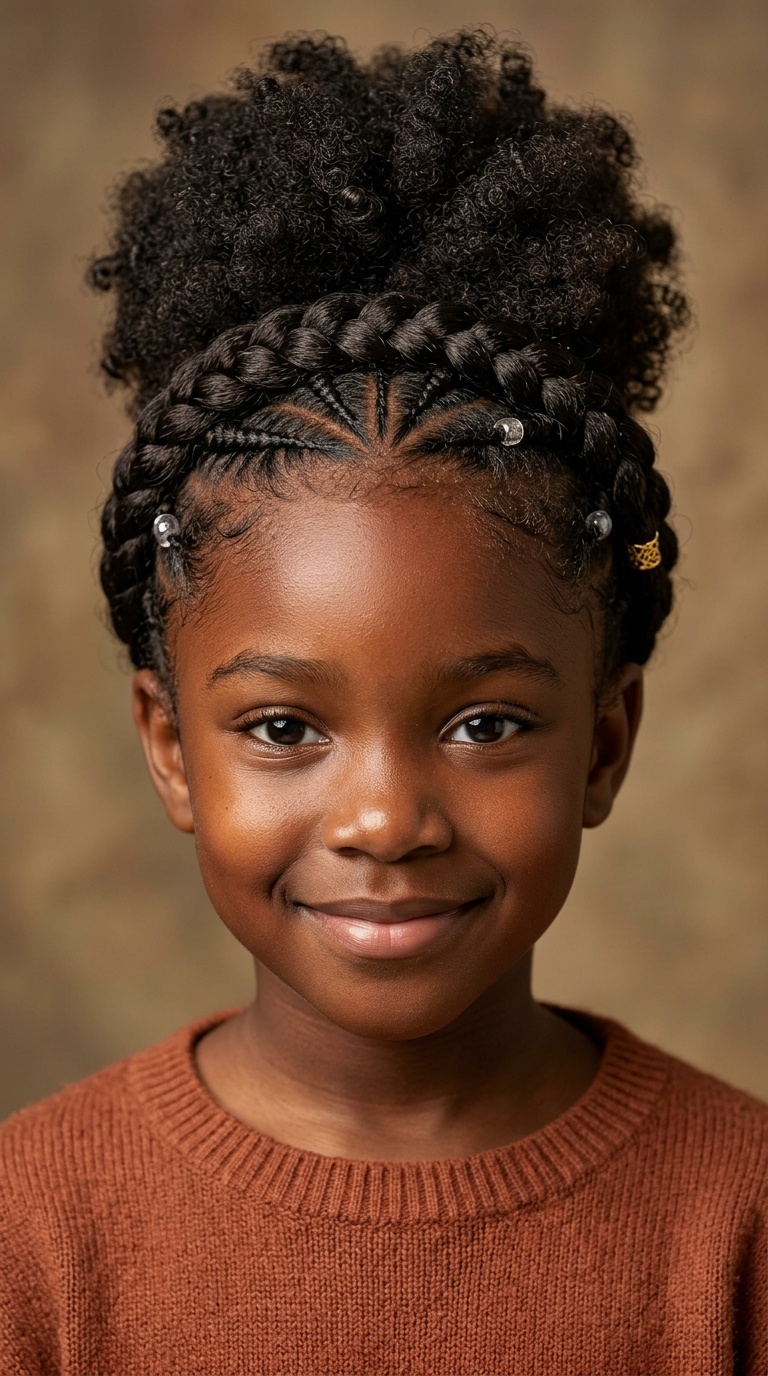 Crown Braids into a High Puff