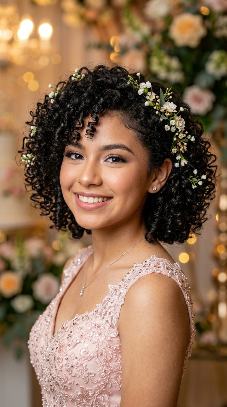 Curly Bob with Floral Accents