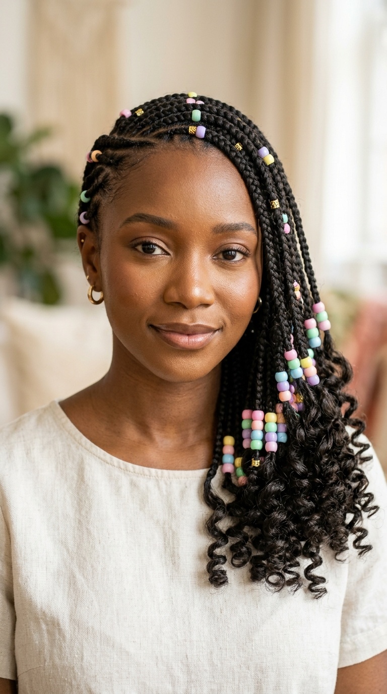 Curly-Ended Side Sweep with Pastel Beads