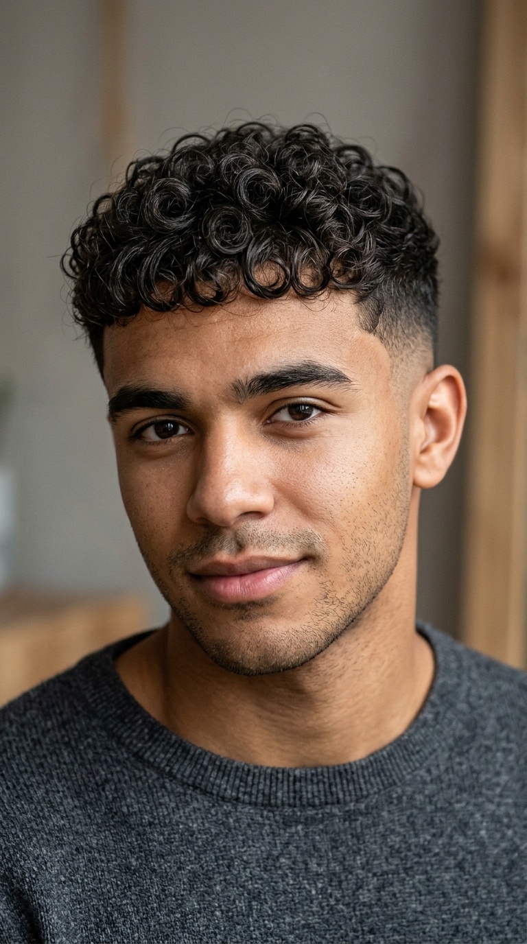 Curly French Crop with Mid Drop Fade