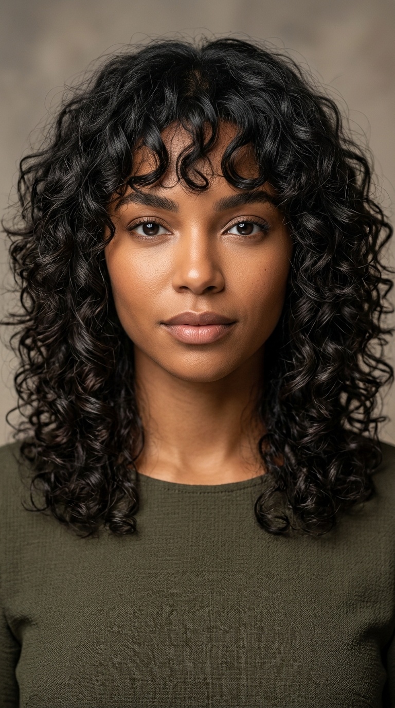 Curly Fringe with Voluminous C-Shape Layers